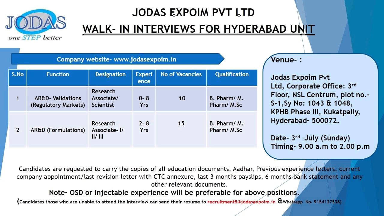 Job Available's for Jodas Expoim Pvt Ltd Walk-In Interview for B Pharm/ M Pharm/ MSc