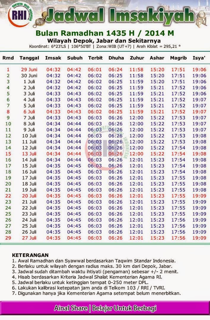 Jadwal Imsakiyah Seluruh Indonesia 1435 H / 2014 M 