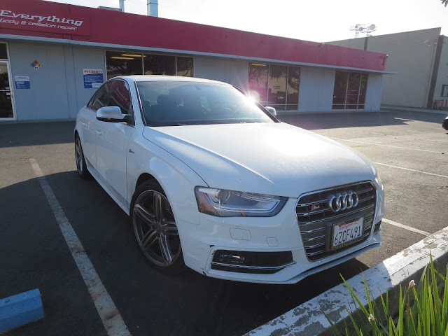 Scratches on bumper of Audi S4 before collision repairs at Almost Everything Auto Body