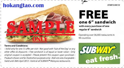 FREE SUBWAY 6" Sandwich Coupon (13 April 2012)