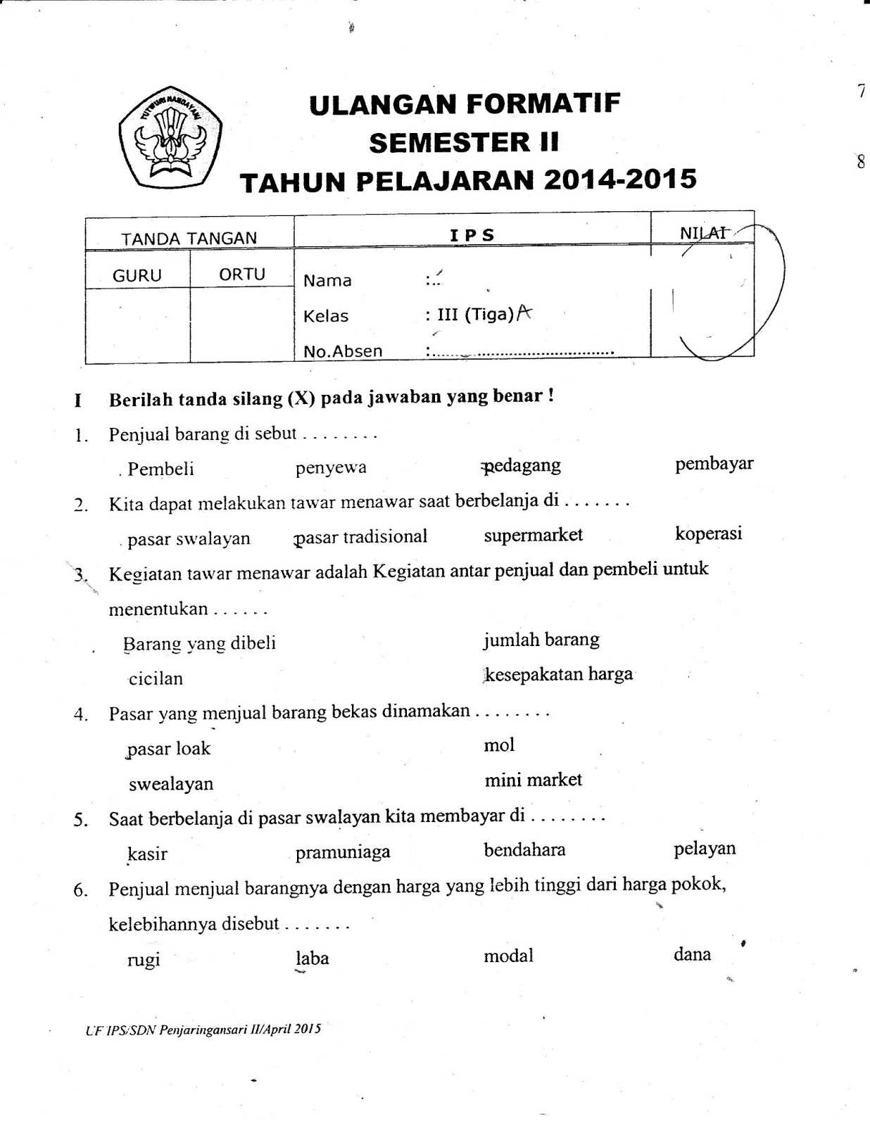 Formatif IPS Kelas3 SD TA 2014 2015 Semester GENAP
