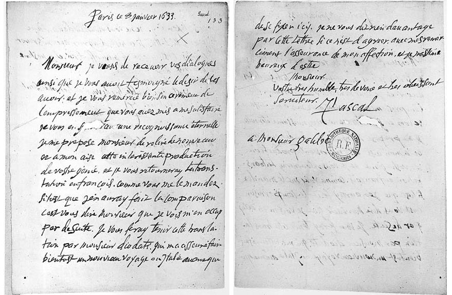 A forged letter purported to be from Pascal to Galileo, created by Denis Vrain-Lucas