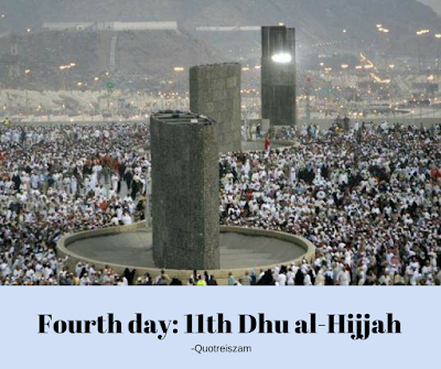 Starting from noon to sunset on the 11 Dhu al-Hijjah (and again the following day), the pilgrims again throw seven pebbles at each of the three pillars in Mina. This is commonly known as the "Stoning of the Devil".