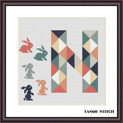 Letter N and cure hare nursery cross stitch pattern, Tango Stitch