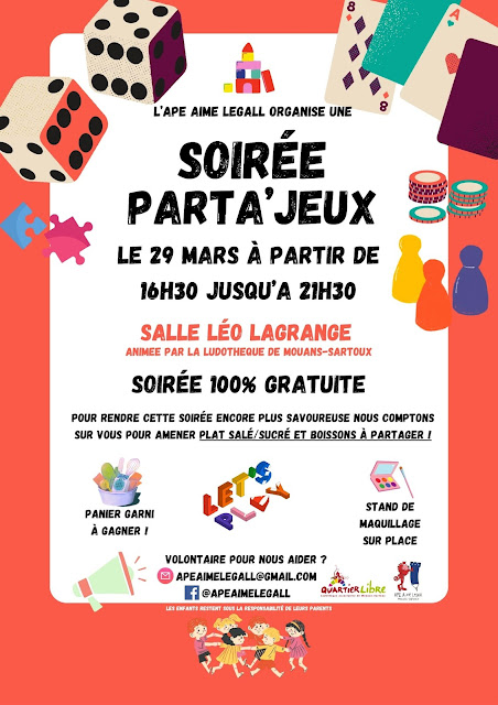 affiche de la soirée jeux organisée par l'APE Aimé Legall et la ludothèque Quartier Libre