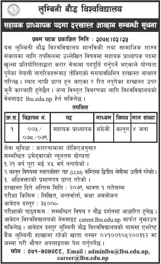 Lumbini Buddhist University Vacancy Announcement