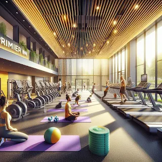 A vibrant image showcases a modern gym space within a Premier Inn