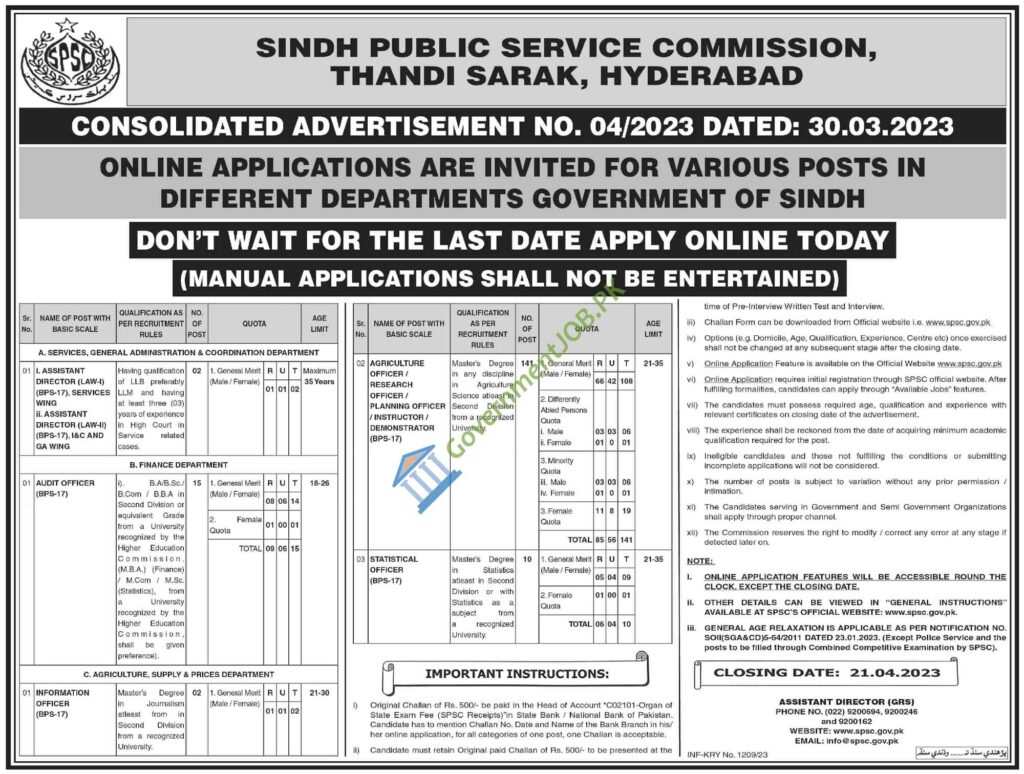 SPSC  Sindh Public Service Commission Jobs in 2023