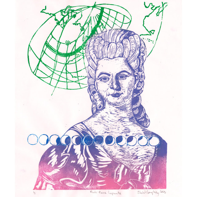 Nicole-Reine Lepaute, linocut by Ele Willoughby, 2023