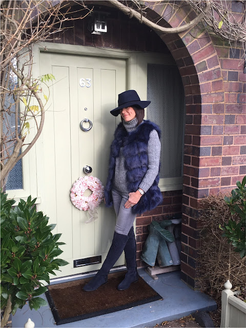 My Midlife Fashion, Zara Felt Hat, Faux Fur Gilet, Zara Chunky Knit Roll Neck, light grey skinny jeans, clarks caddy belle over the knee boots