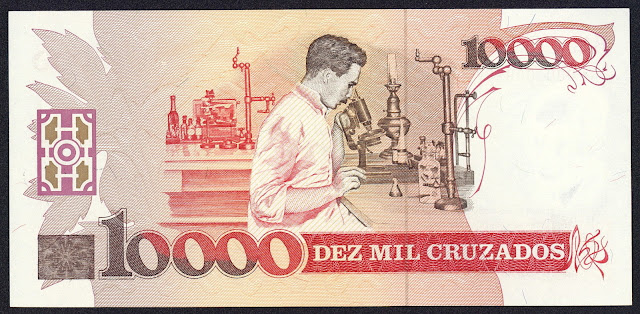 Brazil Banknotes 10 Cruzados Novos on 10000 Cruzados note 1989 Carlos Chagas microscope