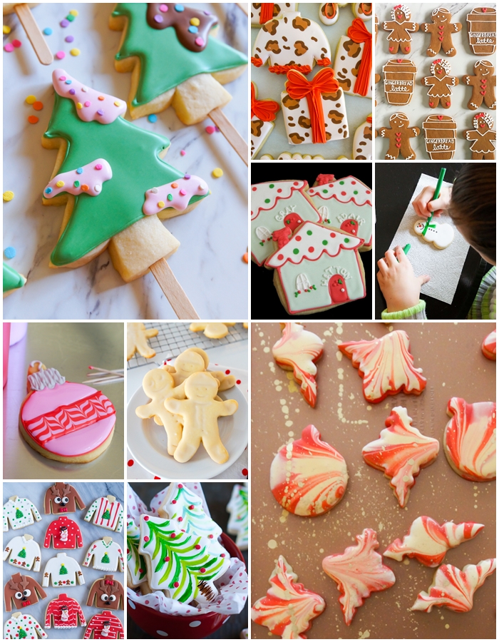 collage of christmas cookies decorated with different simple icing techniques