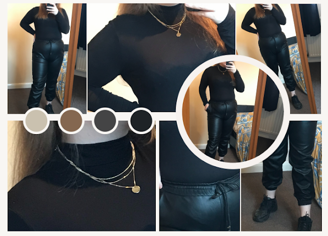 womens everyday casual outfit styling black faux leather trousers