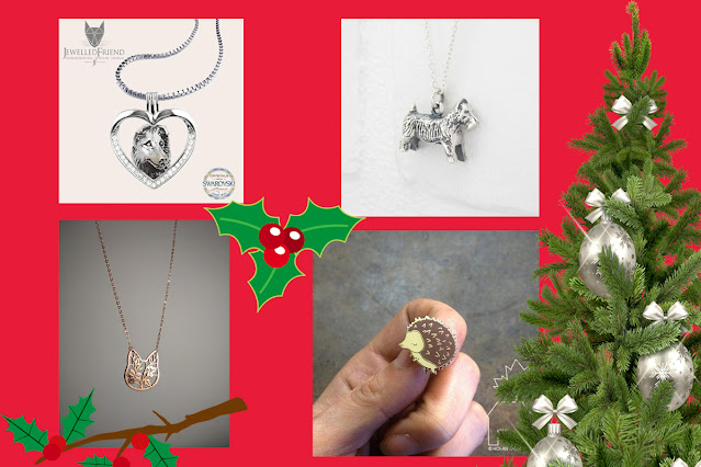 Artisan gift guide for pet lovers. Pictured: Australian Shepherd necklace, Monopoly dog necklace, Hedgehog lapel pin, floral cat necklace in gold