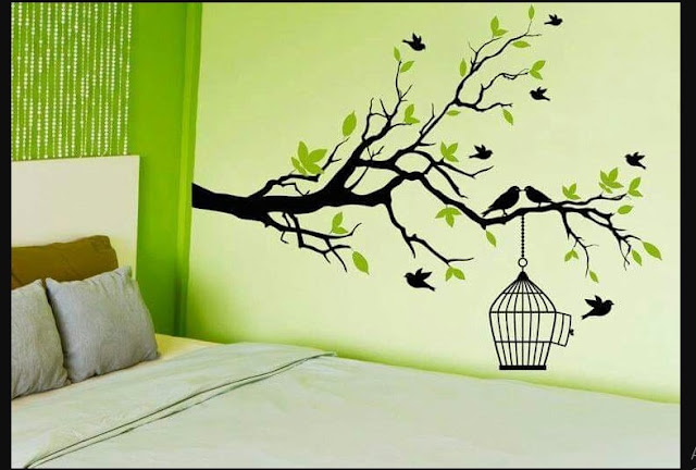 house painting pattern for living room with pattern of black tree and yellow bird