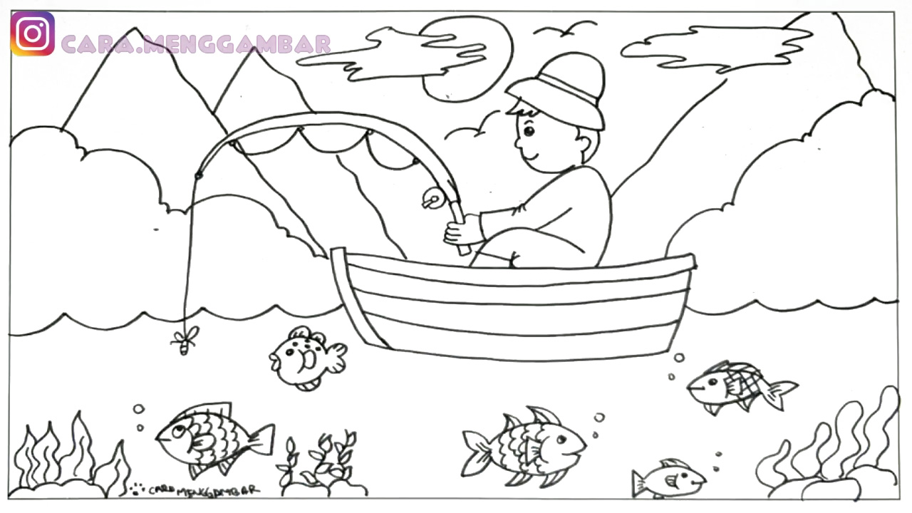 Cara Menggambar Dan Mewarnai Tema Pemandangan Laut Nelayan