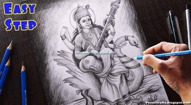 New Saraswati Devi Colored Pencil Drawings