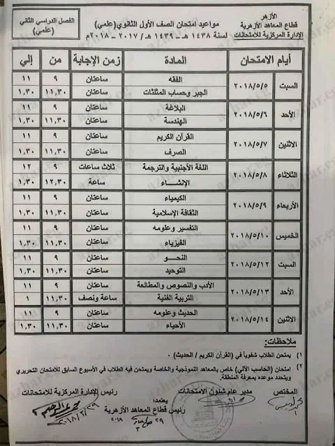 جدول امتحانات الترم الثانى للشهادة الثانويه والاعداديه والابتدائيه 2018 أخر العام (محافظة اسيوط)