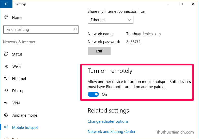 Bạn cũng có thể bật điểm phát wifi trên Windows 10 từ thiết bị khác thông qua Bluetooth bằng tính năng Turn on remotely