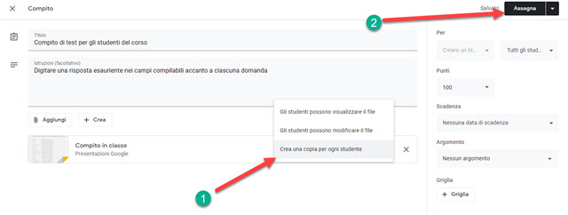 assegnazione compito con google classroom