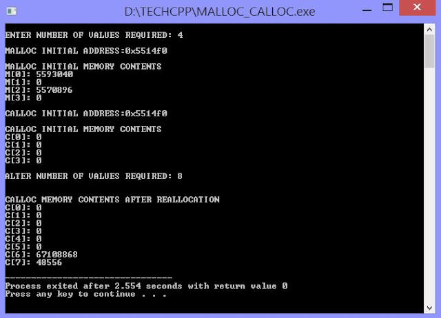 C++ Program to illustrate memory allocation with malloc, calloc and realloc with output