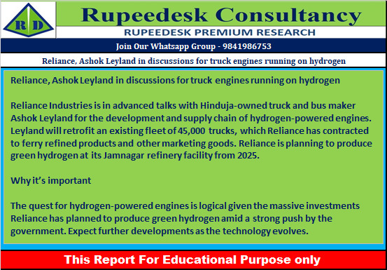 Reliance, Ashok Leyland in discussions for truck engines running on hydrogen - Rupeedesk Reports - 08.12.2022