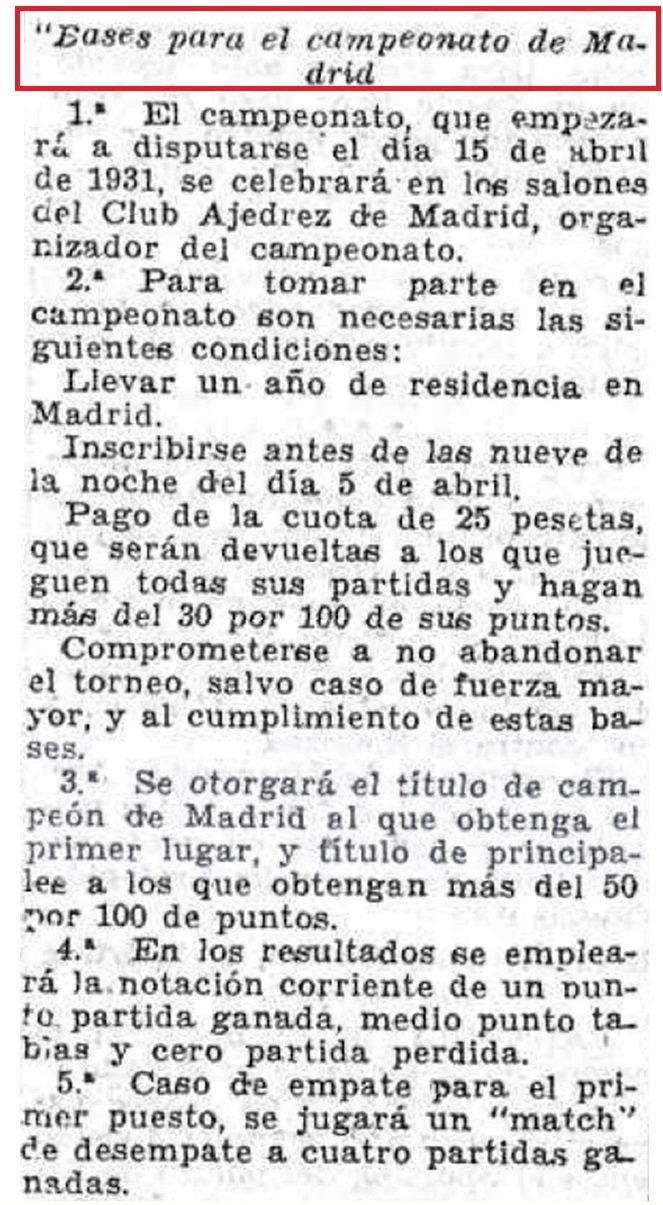 I Campeonato de Madrid 1931, bases 1ª a 5ª