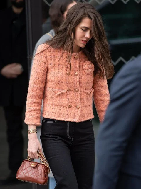Charlotte Casiraghi wore a vibrant peachy tweed jacket from Metiers Art 2023-24 collection of Chanel