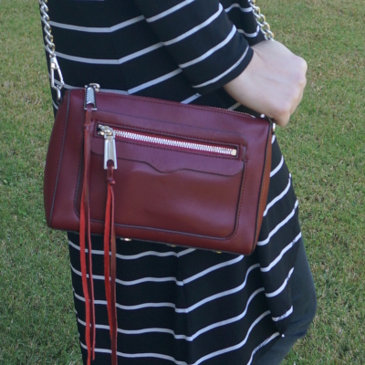 black and white stripes with Rebecca Minkoff Avery crossbody bag in burgundy | awayfromblue