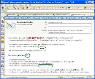 Example e-mail alert sent by NotesTracker for a so-called generic event (in this case it was a button click).