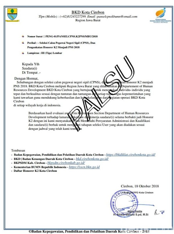 Awas! Beredar Surat Penerimaan Seleksi CPNS Palsu di Pemkot Cirebon
