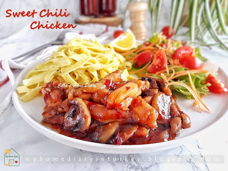 Sweet Chili Chicken with pasta. Restaurant copycat recipe / Sweet Chili soslu tavuk tarifi. | Çitra's Home Diary. #sweetchilisauce #sweetchilichicken #sweetchilitavuksoslu #tavuklokumchili #ayamasammanis