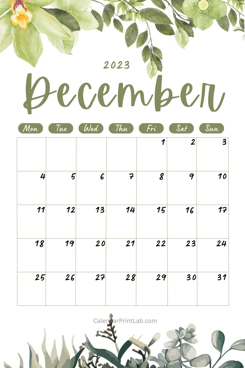 december 2023 green floral calendar