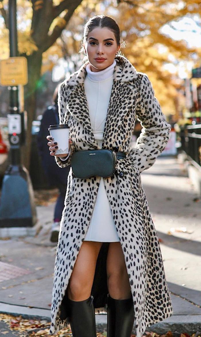 how to wear a leopard coat : white sweater dress + high boots + waist bag