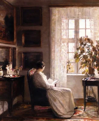 Reading in the Morning Light painting Carl Vilhelm Holsoe