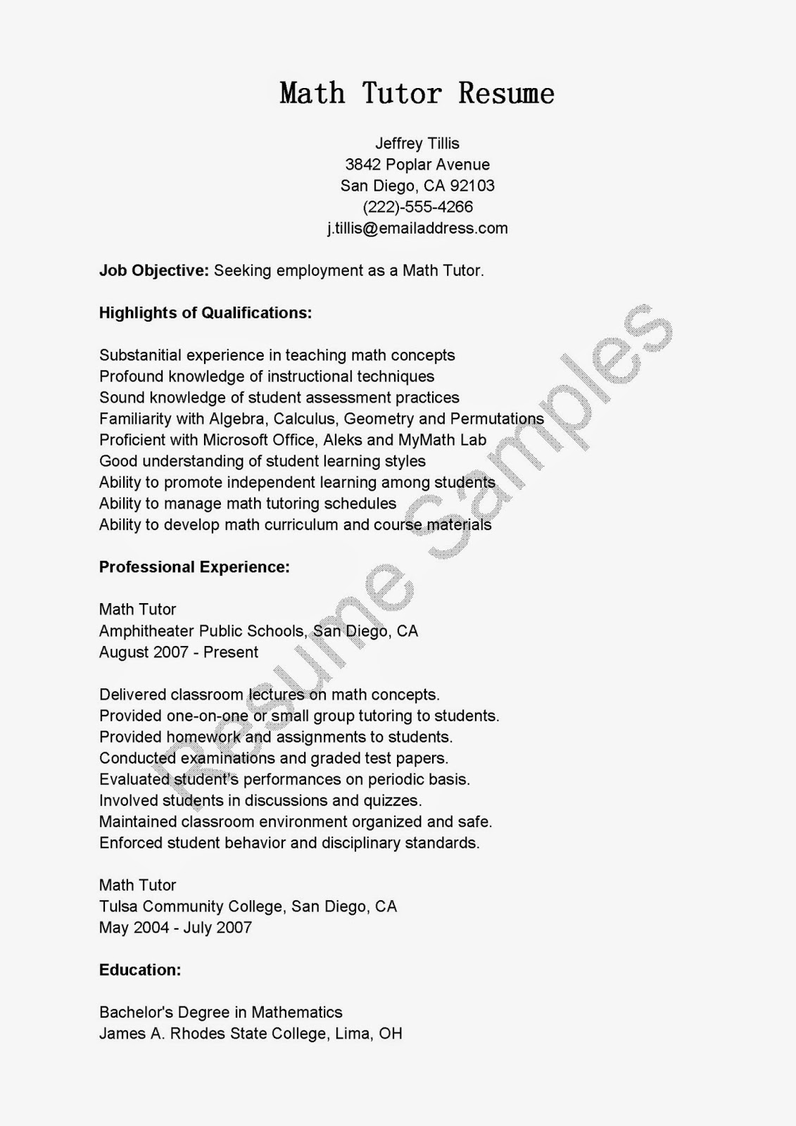 Resume Samples: Math Tutor Resume Sample