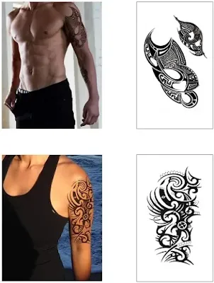 Temporary Tattoos Large Full Arm Half Sleeves (12 Sheets) Premium Realistic Fake Semi Permanent Black Body Stickers for Men and Women for Shoulder Chest and Back Hawaiian Tribal