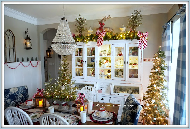 Cottage- Farmhouse -Christmas -Dining -Room -Pottery-Barn-Mia-Chandelier-White-Dining-Cabinet--From My Front Porch To Yours