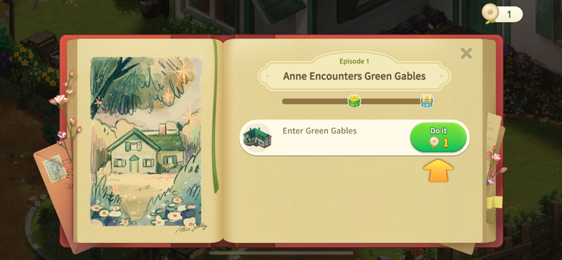 Screenshot from the Oh My Anne Mobile Game showing the introduction to episode 1 called Anne encounters Green Gables