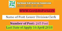 Jharkhand Staff Selection Commission Recruitment 2018– 265 Lower Division Clerk