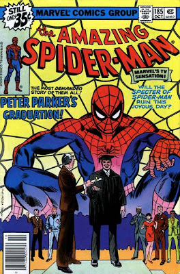 Amazing Spider-Man #185, Spider-Man looms large over proceedings as Peter Parker graduates, watched by his regular cast