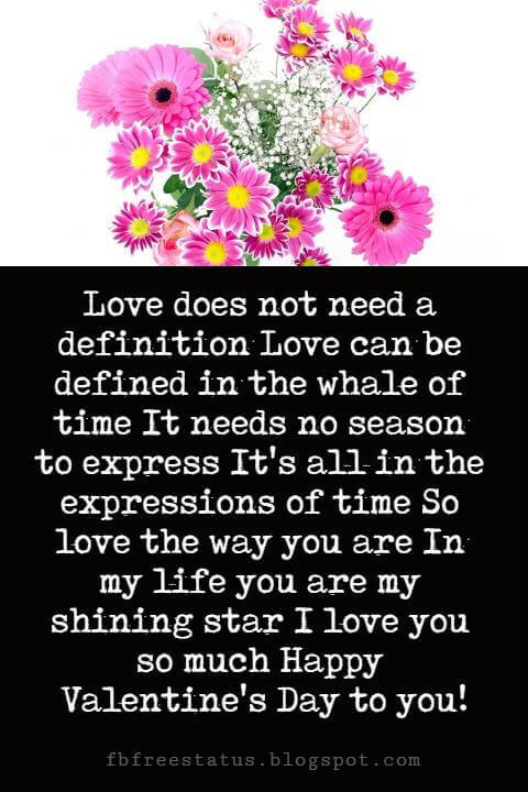 Happy Valentines Day Messages, Love does not need a definition Love can be defined in the whale of time It needs no season to express It's all in the expressions of time So love the way you are In my life you are my shining star I love you so much Happy Valentine's Day to you!