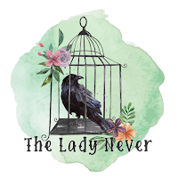 A raven in a cage surrounded by a pale green, watercolour, background. The cage has flowers on the outside at the top right and bottom left edges. The Lady Never is written across the bottom of the logo in a gothic script.