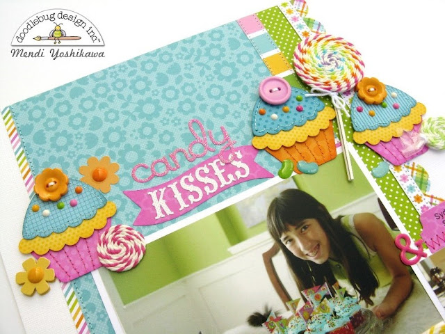 Doodlebug Chunky Twine Candy Kisses & Birthday Wishes Scrapbook Layout by Mendi Yoshikawa.