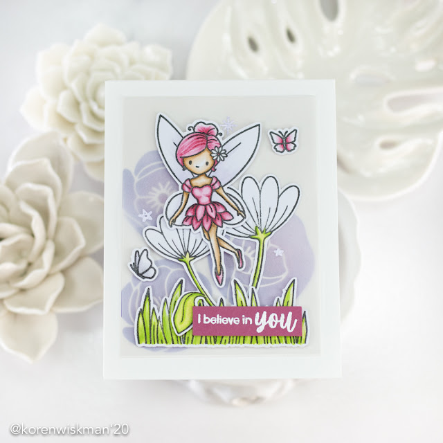 Simon Says Stamp, Fairy Tale Spinners, Poppy Bouquet, fairy, butterflies, grass, greeting card, off white, vellum, alcohol markers, Koren Wiskman, I believe in you, pink, green, purple, flowers, white, stars