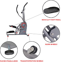 Non-slip foot plates & smooth glide wheels, adjustable floor stabilizers & transport wheels on Sunny Health & Fitness SF-E3911 Cardio Climber, image
