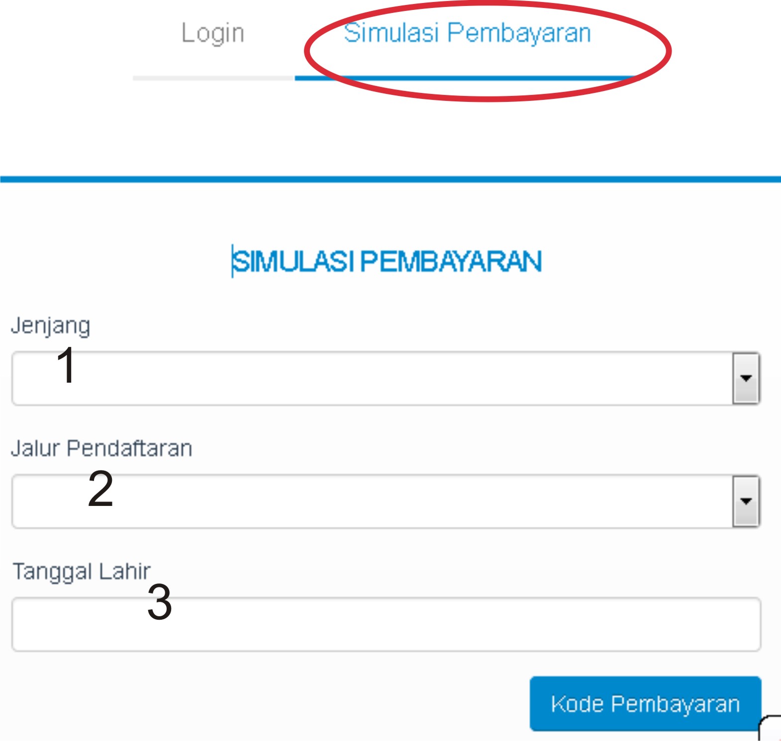 Apabila poin 1 2 dan 3 sudah kalian isi selanjutnya klik Kode Pembayaran Maka akan muncul