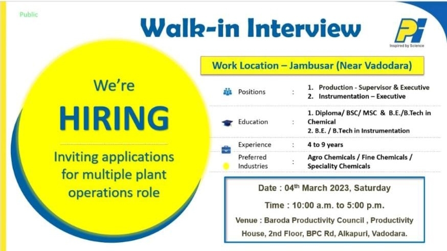 Job Availables, PI Industries Walk In Interview For Production/ Instrumentation Department