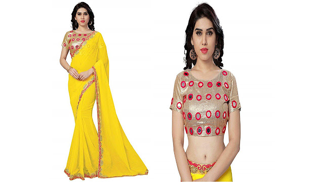 I-Brand Women's Georgette & Banarasi (Real Mirror Work Saree With Blouse Piece (Yellow, Golden_FREESIZE)
