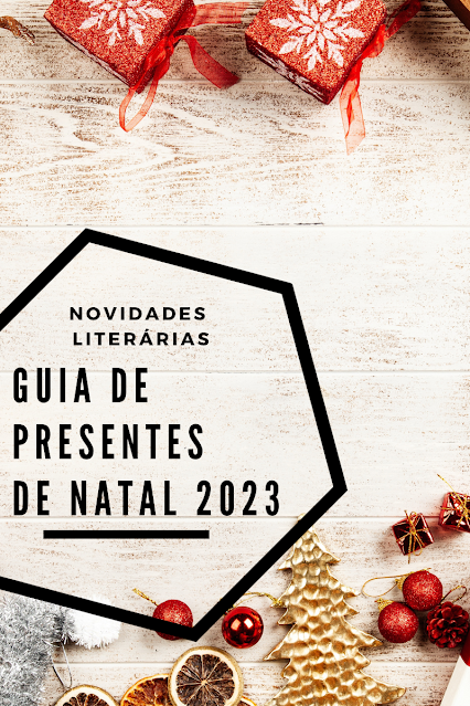 Foto da capa do artigo 'Guia de Presentes de Natal 2023 - Novidades Literárias' com fundo vermelho e branco, trazendo ilustrações de anjos, pinheiros e presentes, remetendo ao clima natalino. A imagem destaca a diversidade de livros como opções de presente, com títulos variados e coloridos sobrepostos à imagem natalícia, promovendo a magia da leitura durante a época festiva.